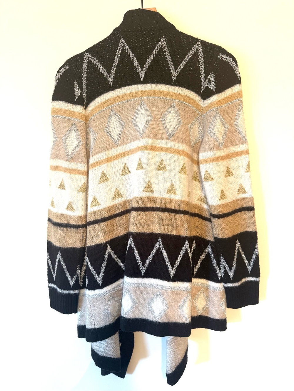Black Beige Geometric Open Front Cardigan Sweater | Metallic Thread | Cozy Boho - Picture 3 of 5